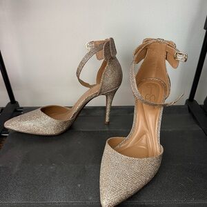 Jessica Simpson Ankle-Strap Pointed Toe Heels in Metallic Champagne